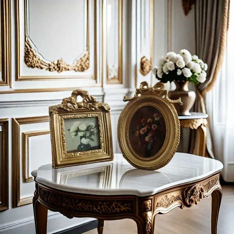European Style Retro Carved Floral Resin Photo Frame Gold Color Square Design for Desktop Display and Wall Hanging Home Decor L251110 H260306