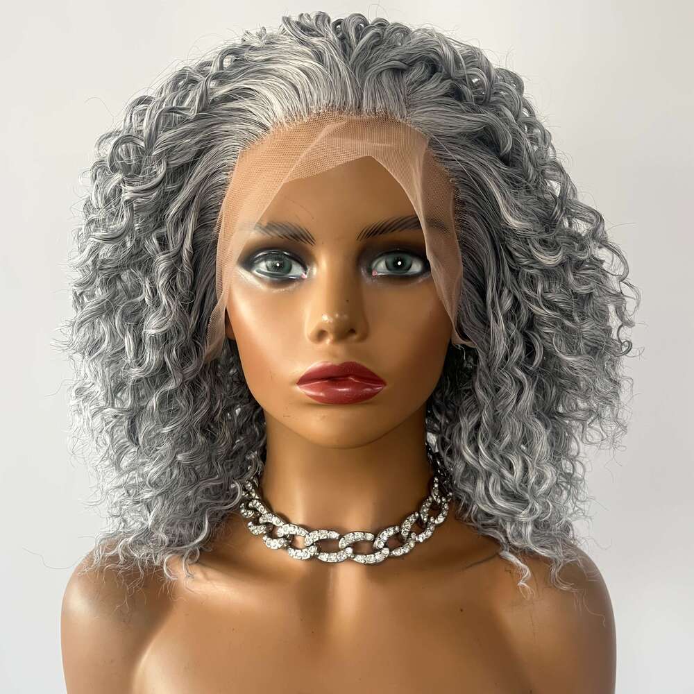 Gray Kinky Curly Synthetic Front Pre-Plucked, 13X3 Lace Area, High-Temperature Fiber, Heat Resistant, Glueless Full Set Women - Ideal Mother's Da