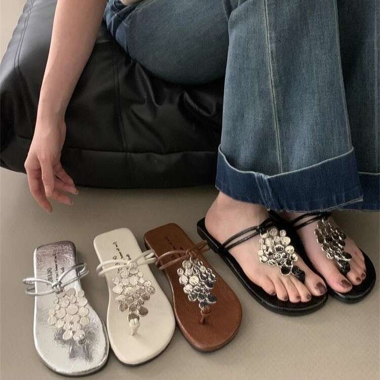 Woman Sandals Summer New Sequined Women Metal Low Heel Flat Roman Sandals Square Toe Flip Flops For Women
