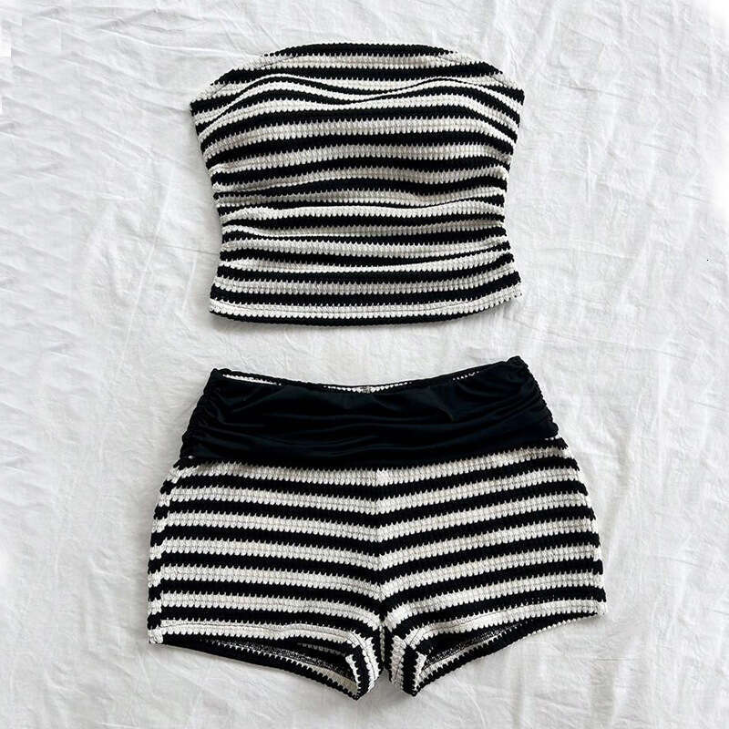 2025 Summer Cross-Border Trade European American Black and White Striped Tube Top Shorts Slim Sexy Hot Pants Two-Piece Set for Women