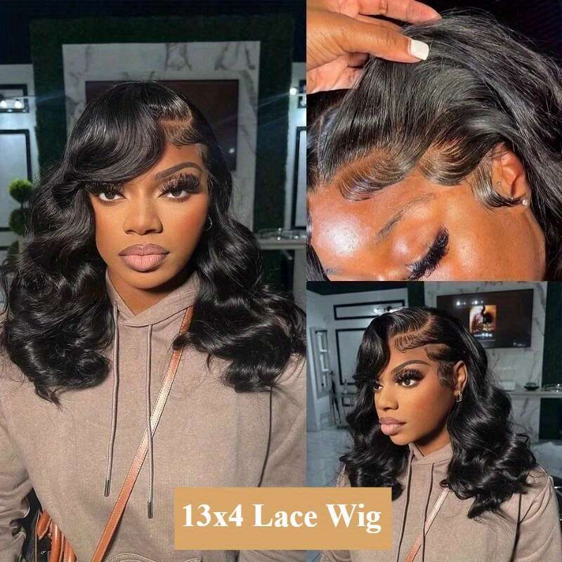 200% Density Human Bob - Body Wave, Pre-Plucked & Pre-Cut, 13X4 HD Lace Closure, Natural Black Color, Elastic Band Fit, Perfect For Women, Short Hair 
