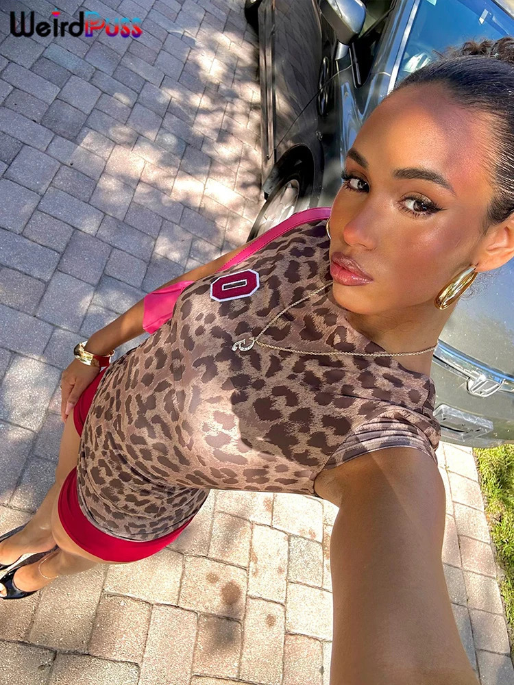Weird Puss Leopard Print Womens 2-piece Tracksuit Sexy Short Sleeve Cutting TopShorts Elastic Matching Club Clothing Ultra Thin Set 250409