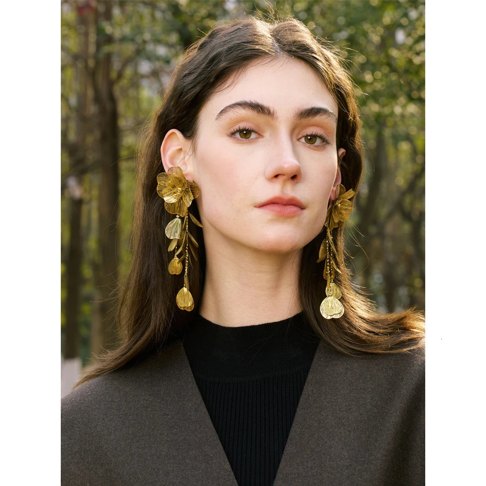Yhpup Stainless Steel Big Flower Tassel Drop Dangle Exaggerated Earrings Metal Fashion Eye-Catching Party Jewelry Hypoallergenic 250409