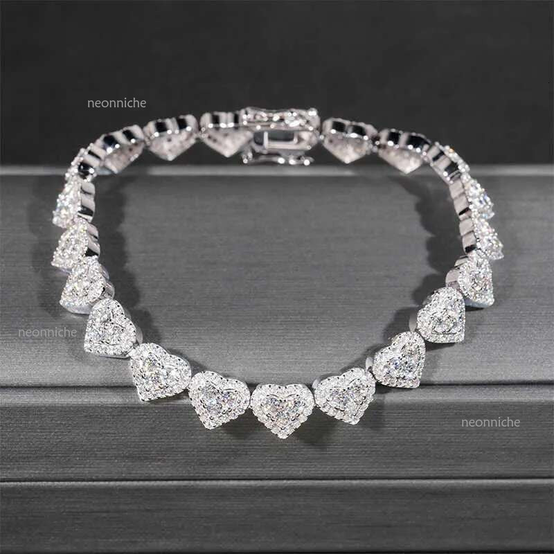 Fine Hip Hop Sier VVS Moissanite Dia Iced Out Heart Bracelet Tennis Chain Jewelry Women Men Necklace