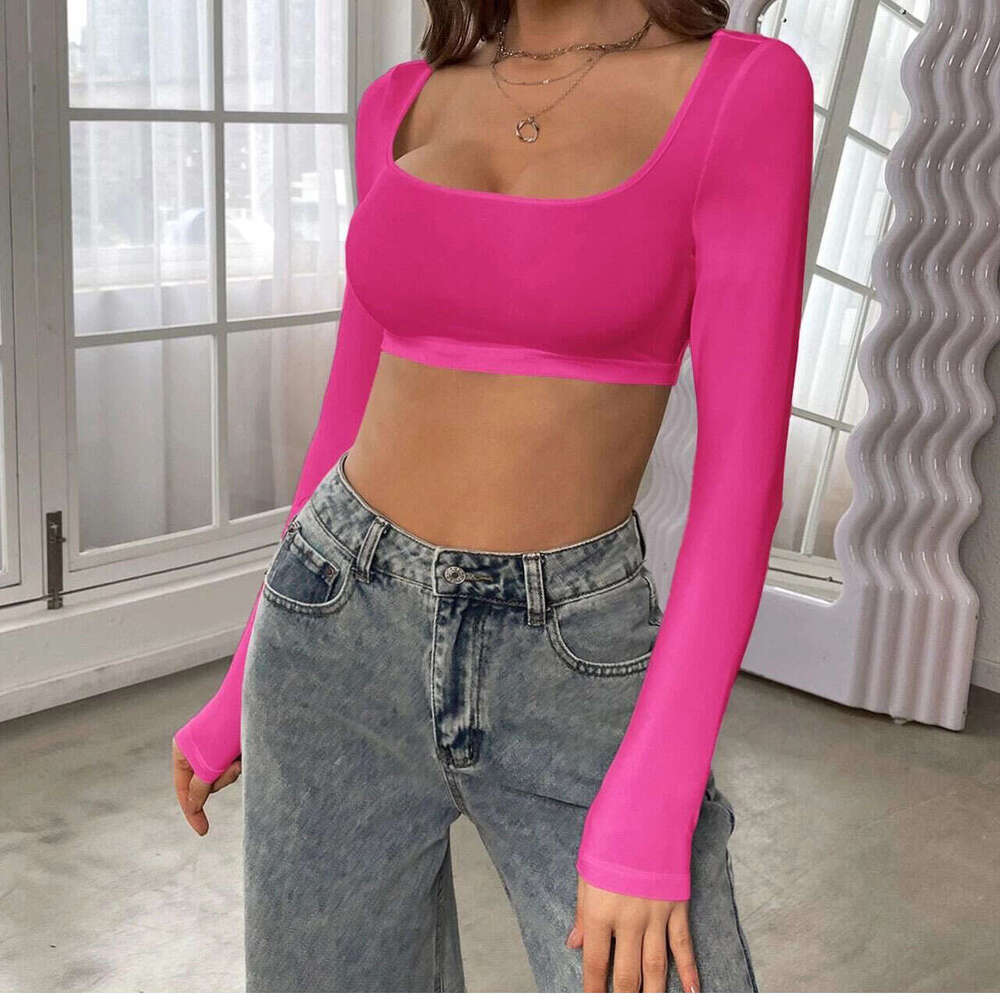 2024 New Cross-Border European and American Women's Fashion Sports Casual Cropped Knitted High Elastic Long Sleeve T-Shirt Top