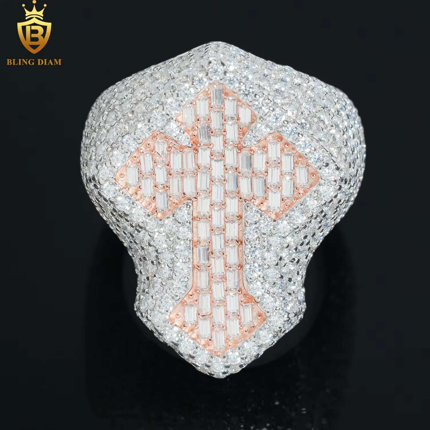 Hip Hop Jewelry 925 Sterling Silver Rose Gold Men Cross Ring Vvs Moissanite Iced Out Gra Certificate Pass Diamond Tester