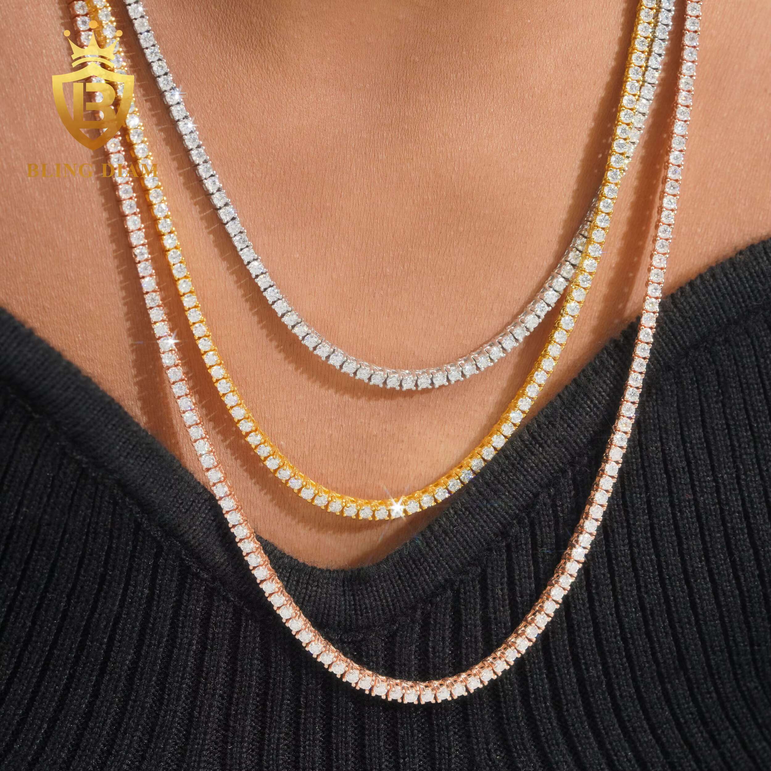 Pass Diamond Tester 925 Sterling Silver VVS Moissanite Diamond Tennis Necklace 2mm-6.5mm Hip Hop Tennis Chain High Quality