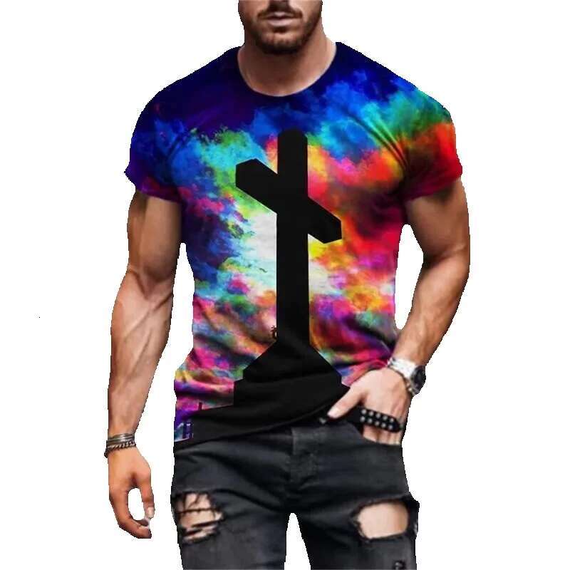 Men's short sleeved T-shirt, casual streetwear, fully printed, vibrant Christian cross, brand new