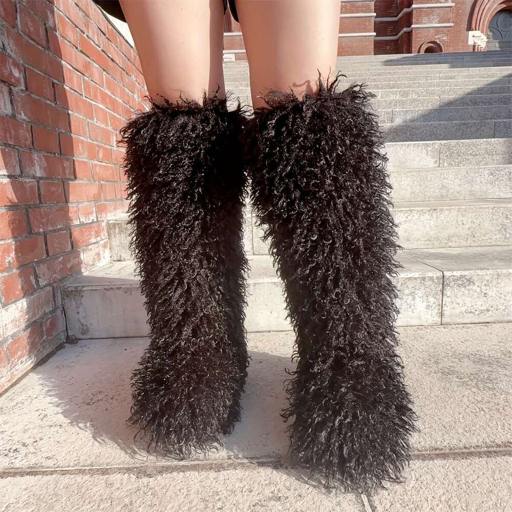 Women's Y2k Knee-Length Fluffy Snow Boots - Cozy Brown Faux Fur With Rubber Sole, Warm Winter Footwear For Outdoor Use, Cute And Stylish Desig