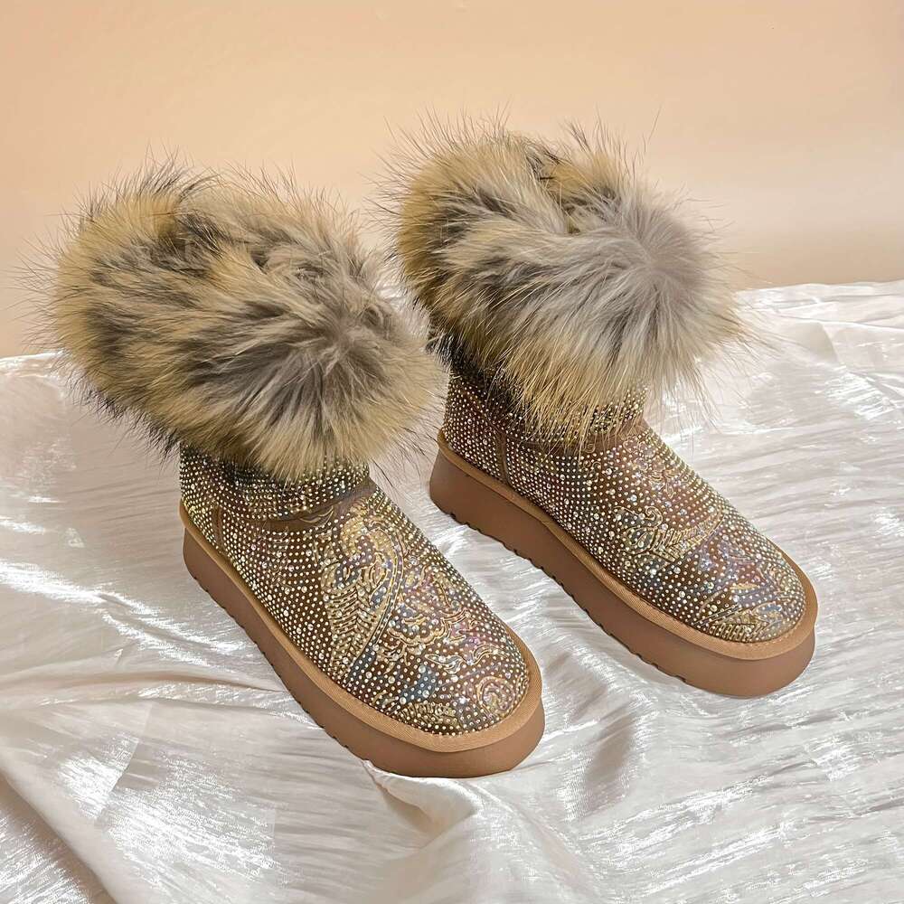 Women's Rhinestone Snow - Thick Sole Mid-Calf With Fluffy Trim, Glittery Round Toe Design, And Warm Insulation For Cold Weather, Winter Boots