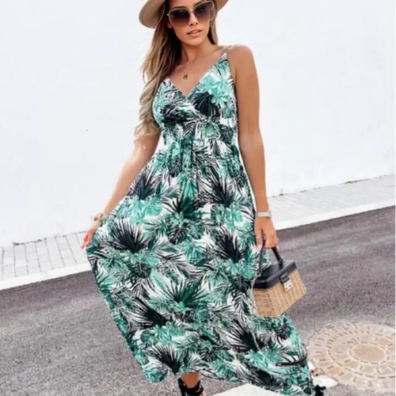 Fashionable new hot selling women's high waisted printed suspender dress with large swing
