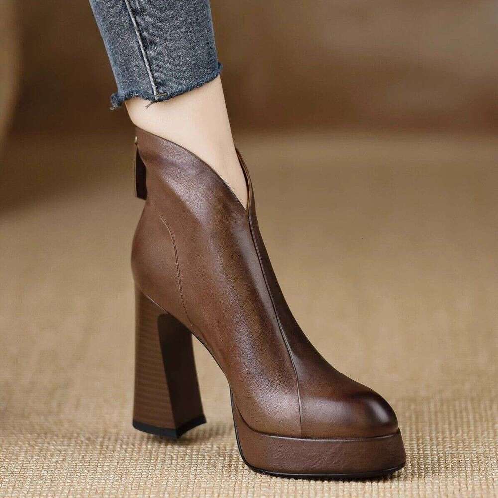 Woman Sandals Brown Leather High End Pointed Scalp With Sole Short Boots Super High Heels Thick Heel Back Zipper Fashion Boots For Women