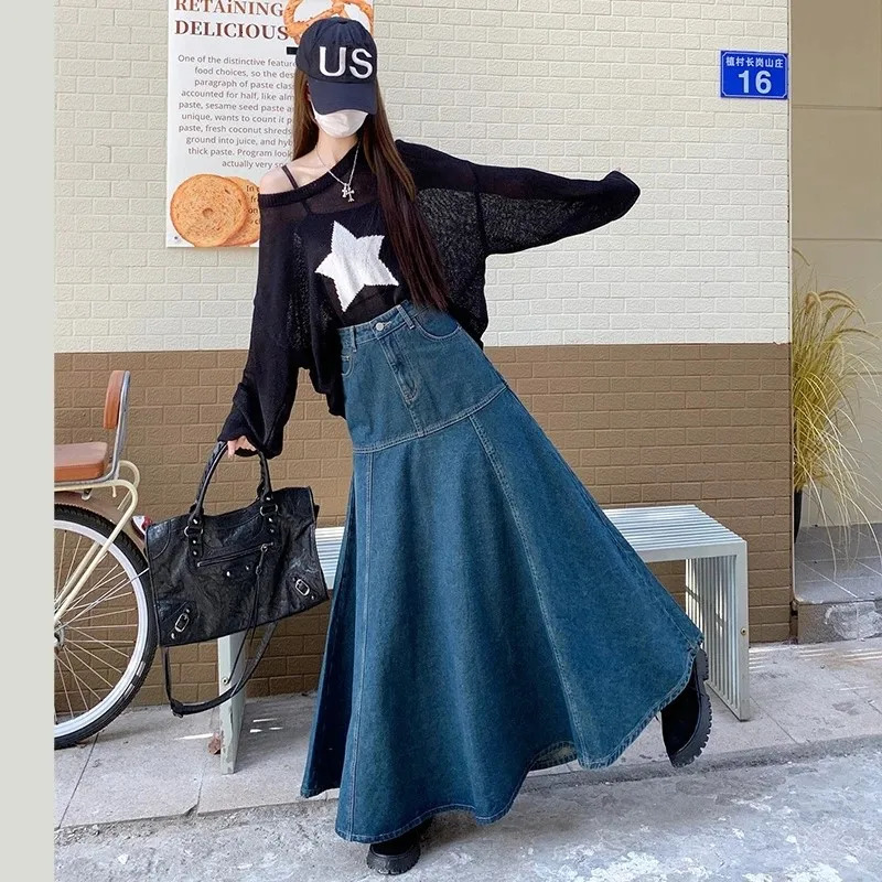 Denim Summer Dress Womens Spring Street Clothing Aline Pocket Large Bottom Patch High Waist Long Jeans NS5633 250410