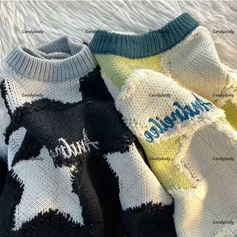 Fashion American High Street Harajuku Style Star Streetwear Men Round Neck Sweater Female Couple Y2K Street Retro Casual Loose Pullover Y251110