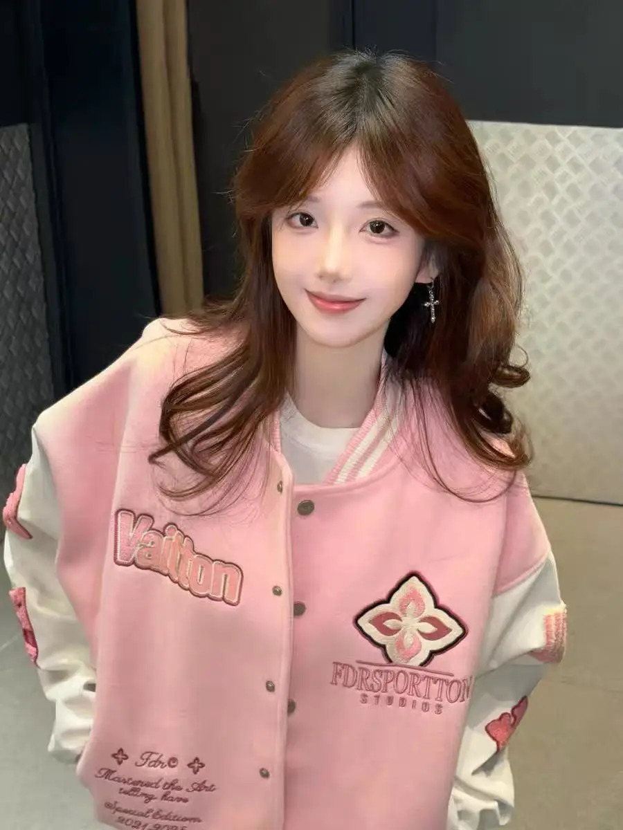 Harajuku Trendy American Y2K Pink Splicing Plush ed Pattern Bomber Jacket Womens Spring 90s Style 250410