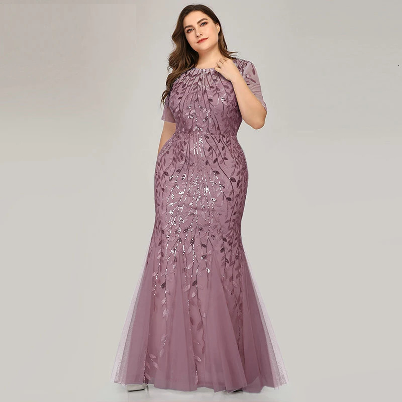 plus size sequin net mermaid ultra-thin evening dress with bead leaf pattern for formal womens elegant party dance dress short sleeved 250403