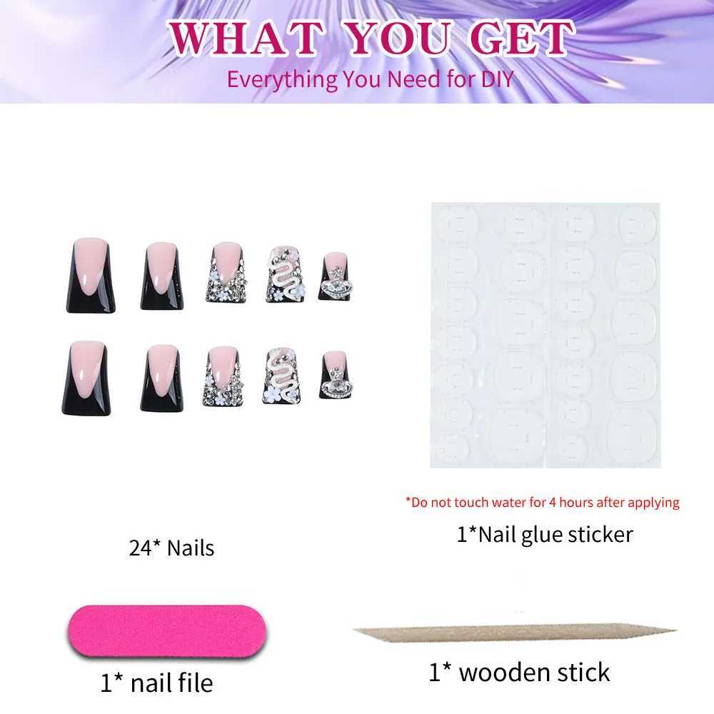 24 short square nail tips. 3D snake shaped diamond. Black duckfoot shaped French full stick covered nail art. W250410