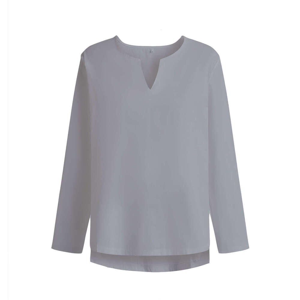 2025 Autumn Youth T-Shirt Cotton Linen Solid Color Loose Fit Chinese Style V-Neck Men's Long Sleeve Shirt