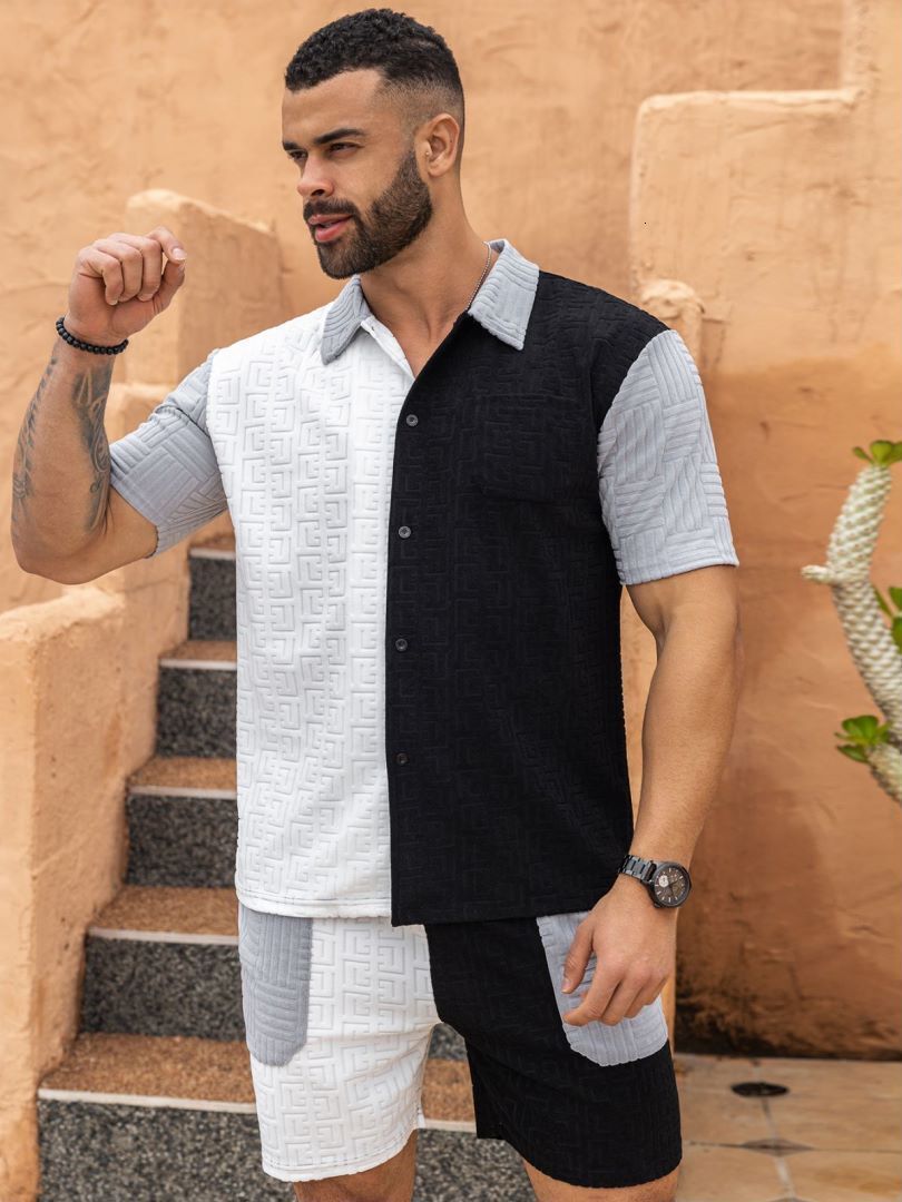 Tem 2025 Summer Mens Casual Sports Set Jacquard Knitted Shirt Mens Shorts Set Trendy