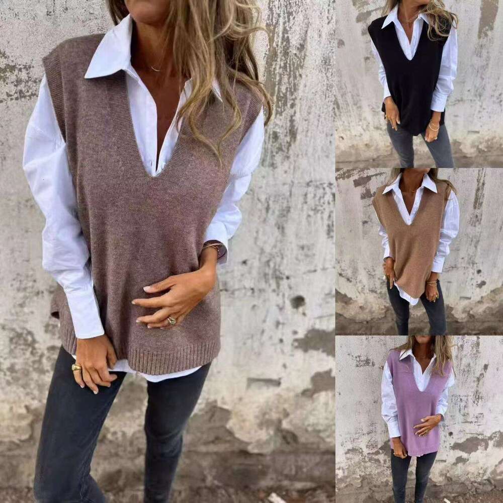 Cross-Border Autumn and Winter Casual V-Neck Knitted Solid Color Sweater Versatile Basic Vest