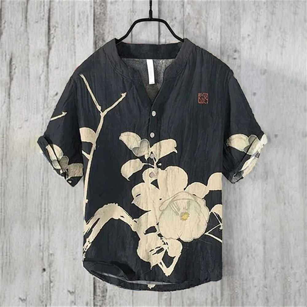 Summer mens short sleeved shirt linen printed shirt European and American popular element printed large shirt S-5XL X250410