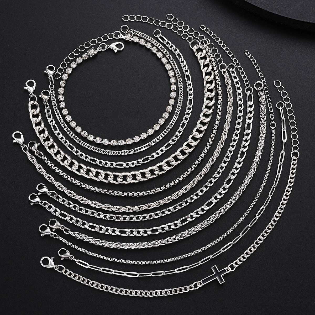 Simple Stylish Punk Hip-Hop Stainless Steel Cross Rhinestones Chain Bracelet Set for Men Women Vacation Date Casual Jewelry GiftT251110