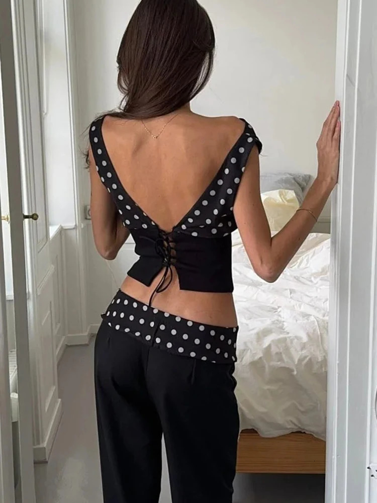 JULISSA MO Sexy Off Shoulder Print Polka Dot Women Top White Patchwork Backless Bandage Top Female Spring Slim Casual Streetwear 250409