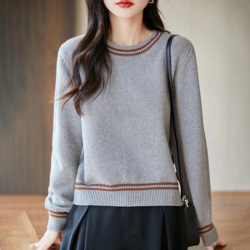 Autumn and winter womens 100 pure cotton sweater casual O-neck knitted pullover loose color matching selling womens top 251105