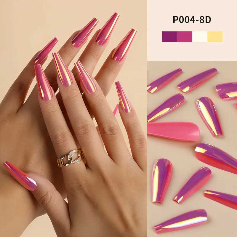 Pinpai 24 piece mirror effect long coffin pressing fake nail set with adhesive full cover artificial fake nail art tip set W250410