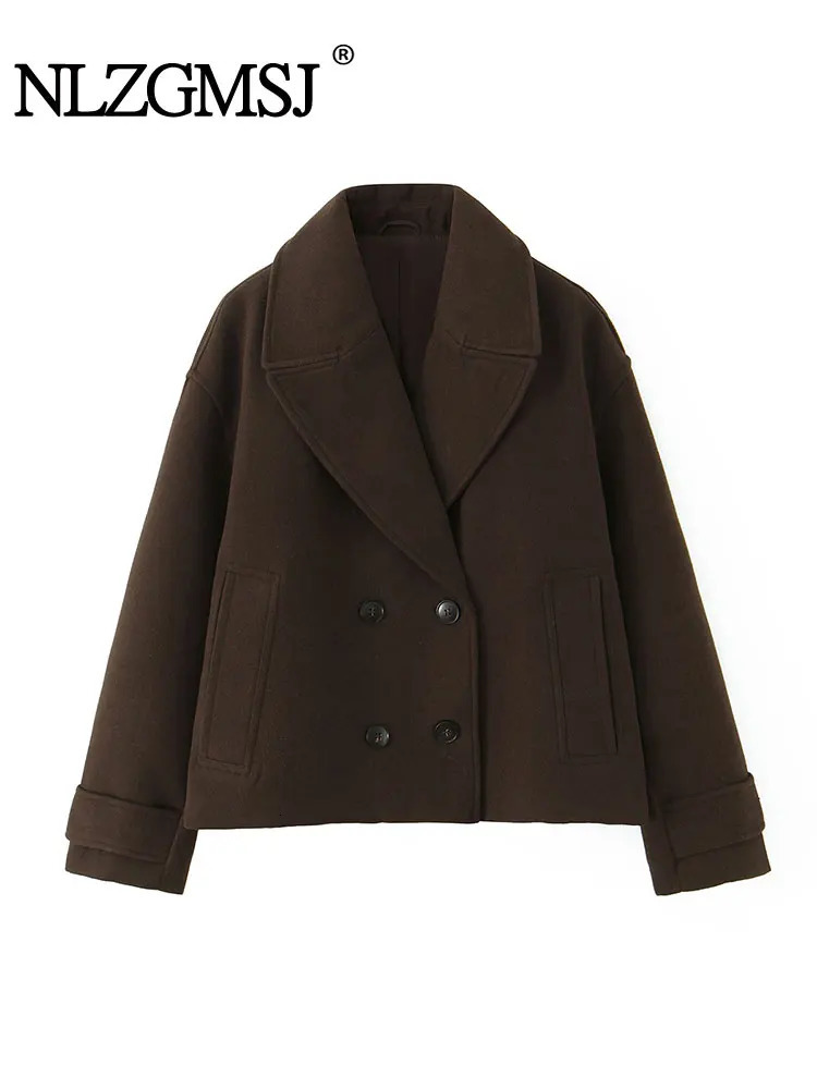 NLZGMSJ Vintage Casual Chic Women Overcoat Solid Pockets Doublebreasted Short Coat Fashion Winter Holiday Coats 251110