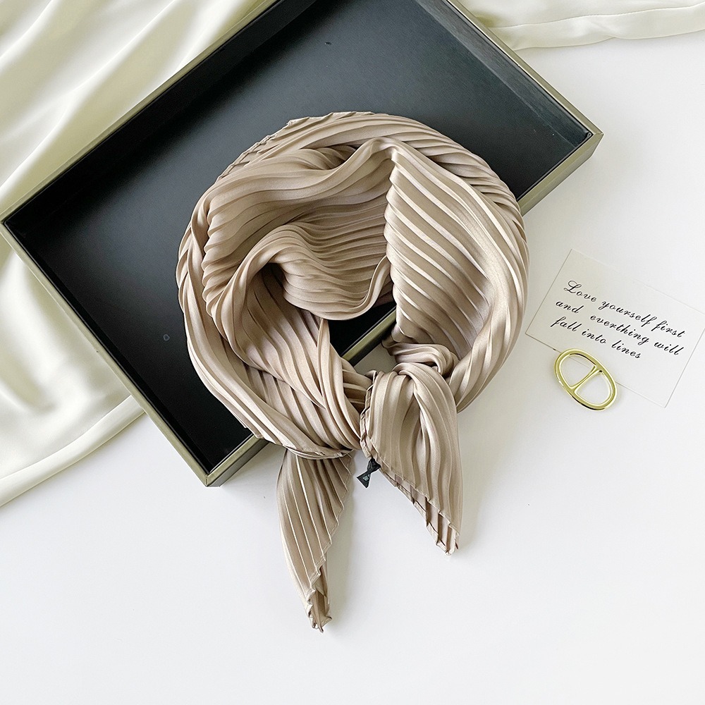 K350 70cm solid color pleated silk scarf decorative neck scarf spring and summer sun protection thin scarf versatile scarf pleated square scarf for wo