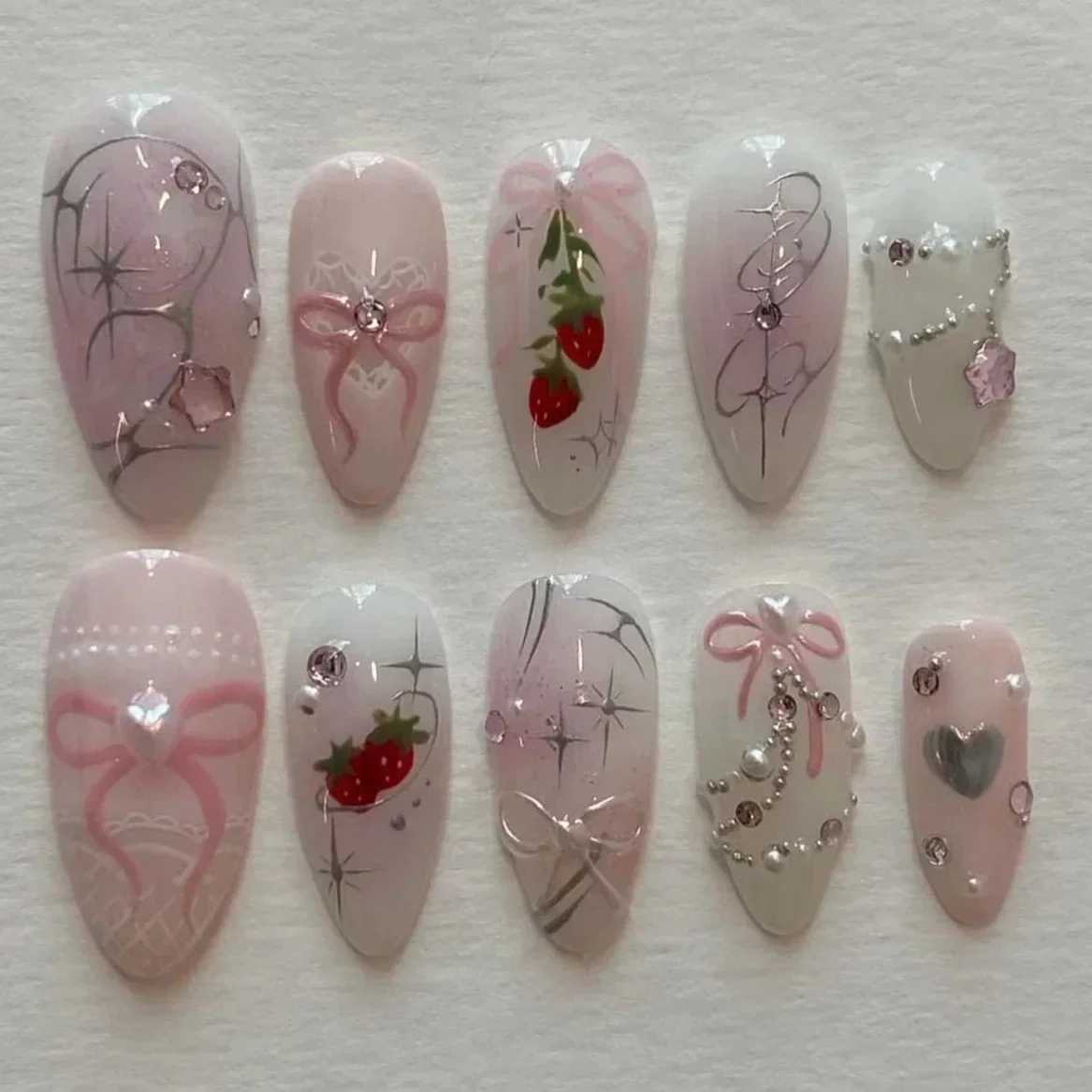 24 pieces of medium and long almond fake nails small and fresh sweet acrylic fake nails with 3D bow pearls wearable artificial nails with glue W250410