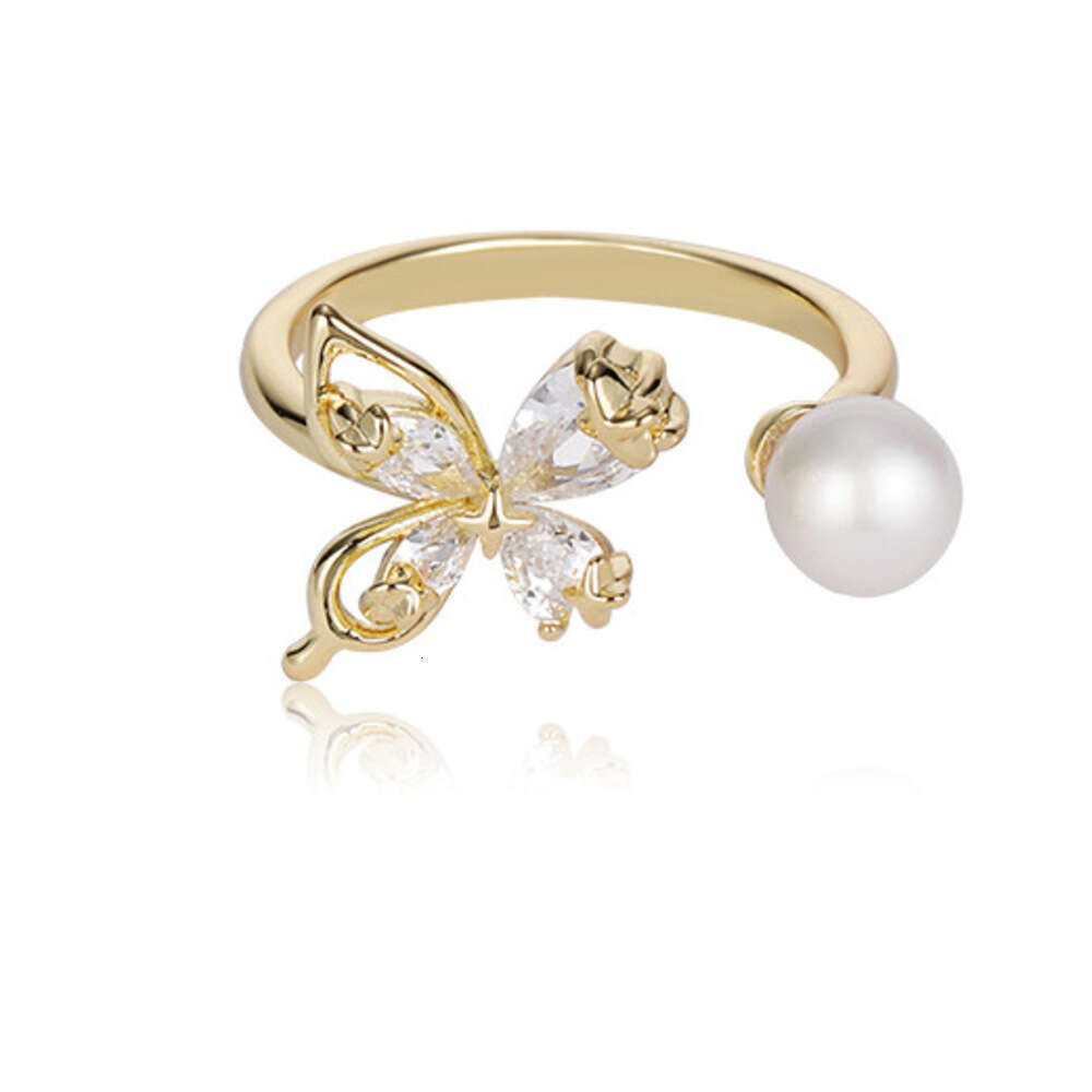 DHcollections French Style Exquisite Elegant Pearl Butterfly Open for Women, Light Luxury Fashion High-end Versatile Index Finger Ring Jewelry