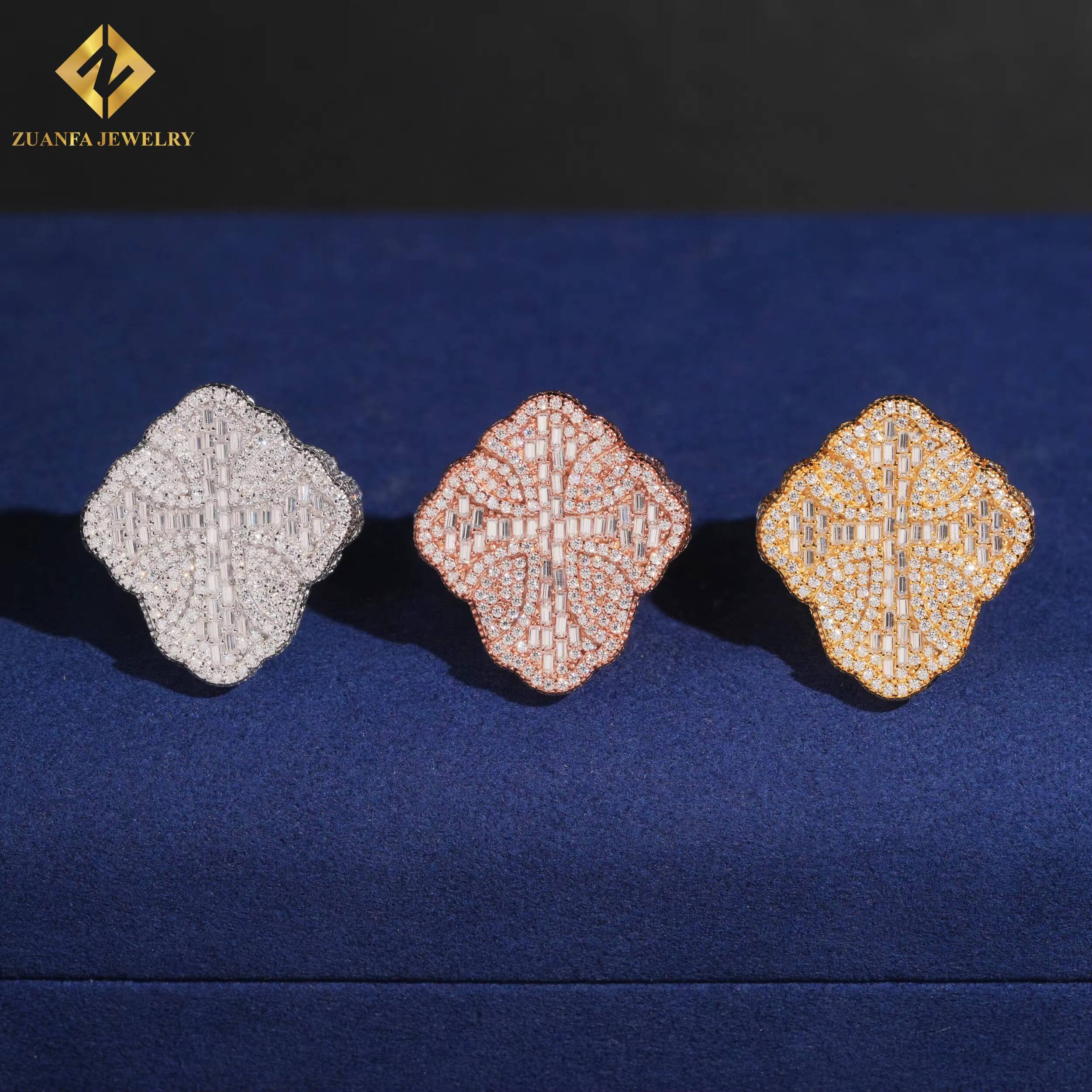 Custom S925 Silver Ring 589ct VVS Moissanite Diamond Engagement Men Cross Ring GRA Certificate