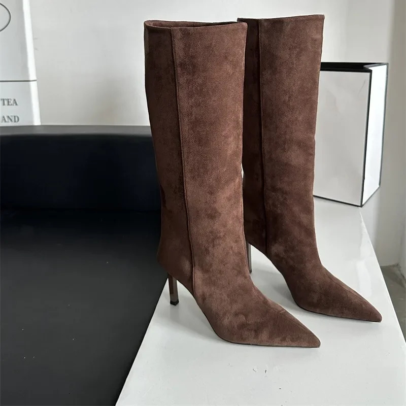 Pointed Toe Slim Fit Long Booties Womens Autumn Winter High Heel Suede Straight Leg Boot over Knee Boots Rubber Sole 251107