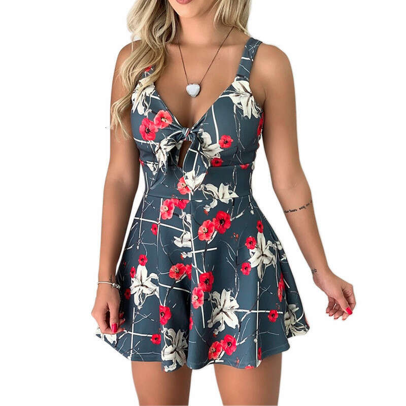 2024 New European and American Cross-Border Sexy Strap Chest Bow Tie Printed Loose Jumpsuit Shorts