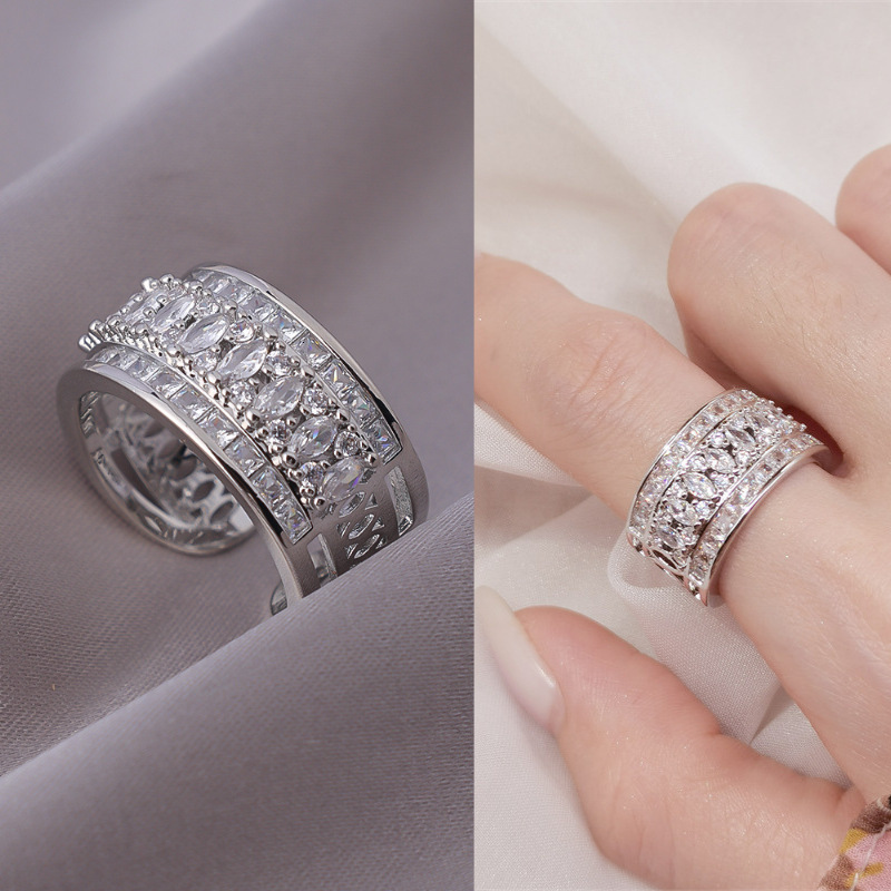 Cross Border European And American Full Fashion Ring Diamond Multi-layer Women's Open Ring Minimalist Luxury High-end Designer Ring Index Finger