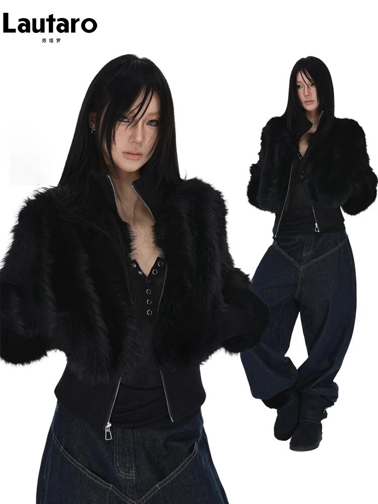 Lautaro Spring Winter Short Black Soft Thick Warm Hairy Faux Fur Coat Women Zip Up y ner Clothes Fluffy Jacket 251110