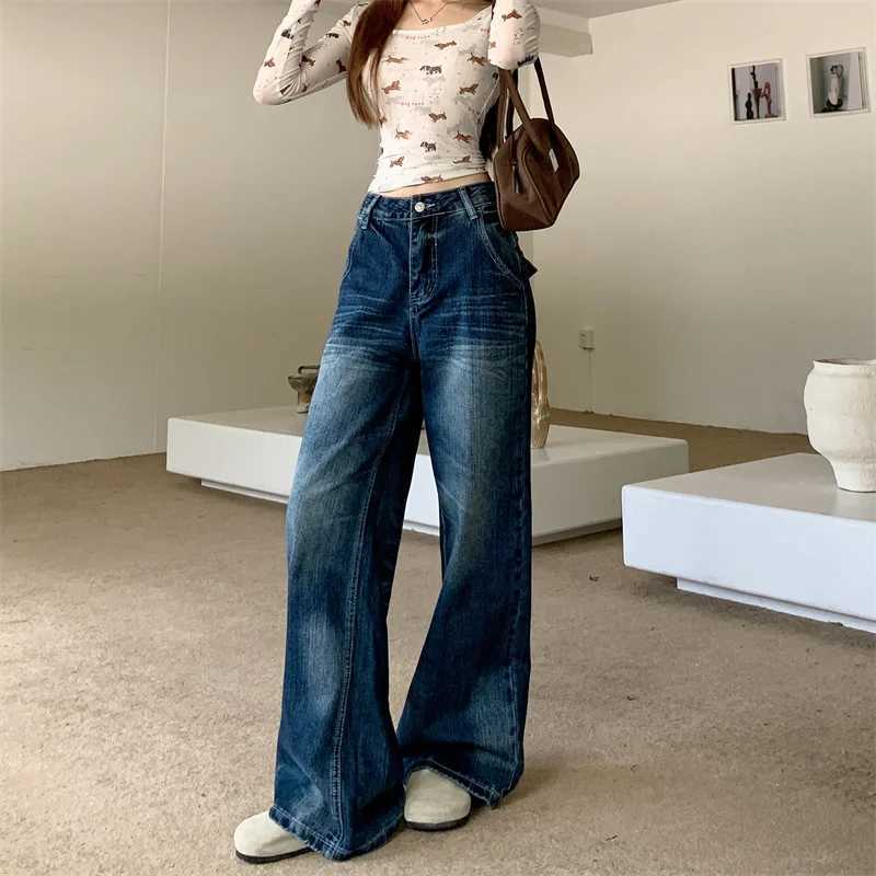 2025 Autumn Womens Y2K Jeans Dongdaemun Navy Back Whisker Jeans Loose Straight Leg Casual Denim Pants 2742 C251110