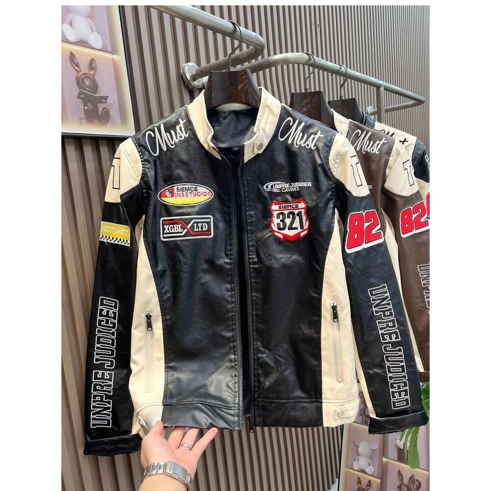 Retro Embroidery Motorcycle Cropped Varsity Jackets Women 2025 Spring PU Faux Leather Racing Baseball Short Coat Female Outwears
