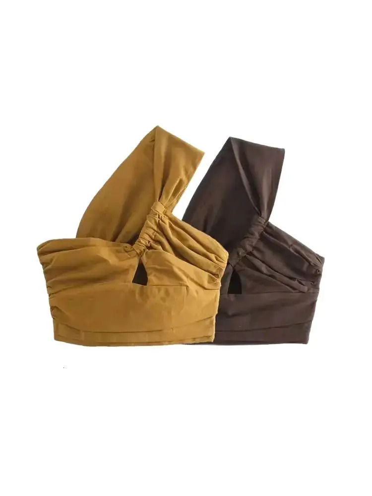 TRZA Women Sexy Fashion Pleated Asymmetry Linen Crop Tank Tops Vintage One Shoulder Side Zipper Female Camis Mujer 250408