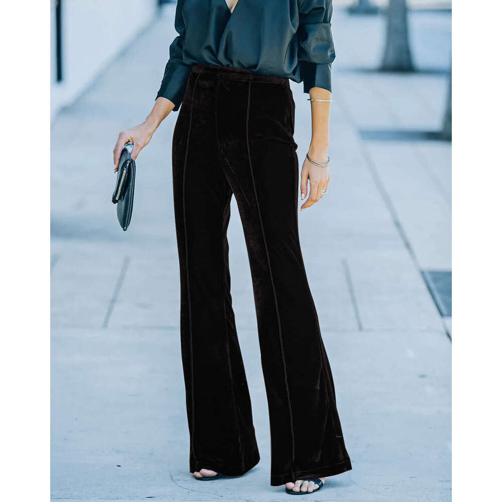 Cross-Border Independent Station European and American New Style 2023 Autumn Winter Women's Patchwork Velvet Flared High Waist Casual Pants