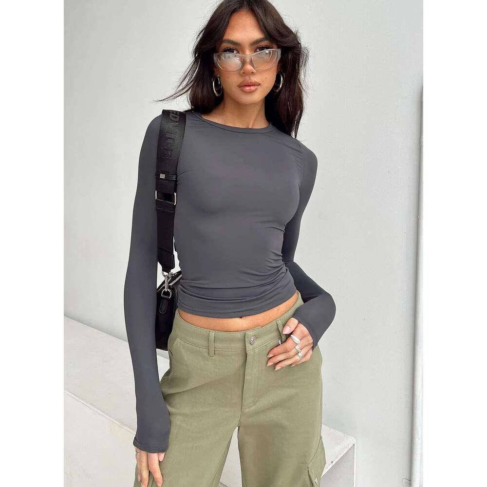 Women's Fashion Casual Long Sleeve Spring Autumn Solid Color Slim Fit Pullover T-Shirt Streetwear Base Shirt Top