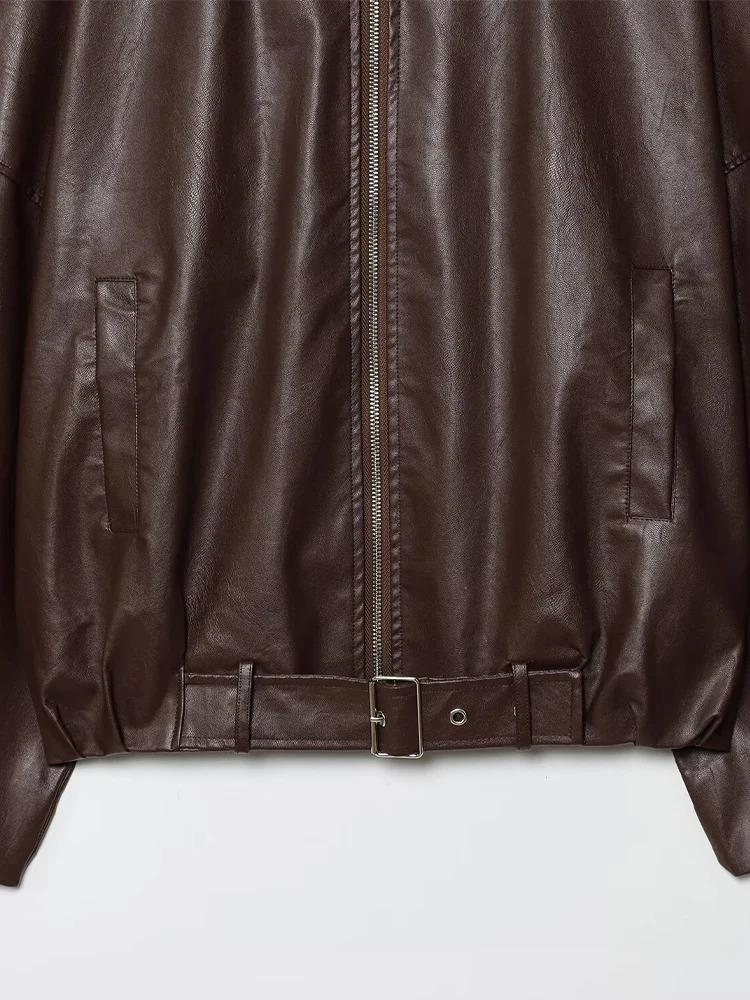 European and American autumn womens retro loose casual temperament simple belt pocket leather jacket 251103