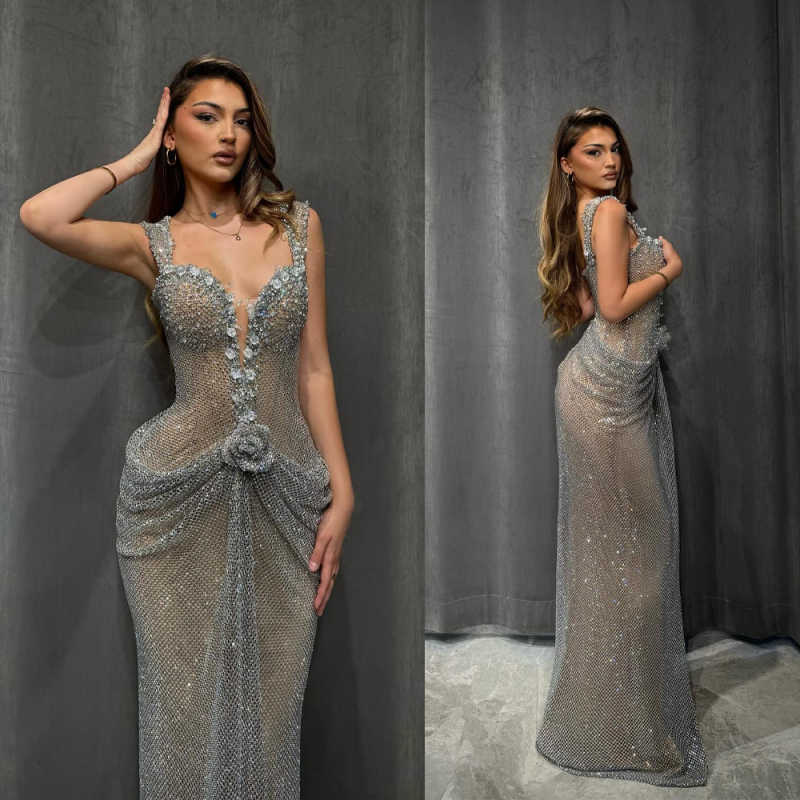 Elegant Sequined Lace Evening Dresses Illusion Sleeveless Appliques Mermaid Prom Dress Customized Floor Length Party Gown