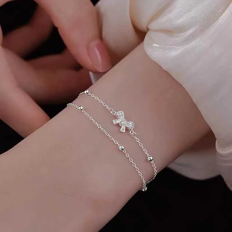 Luxury 925 Sterling Silver Zircon Bow Bracelets For Women Girls Fashion Korean Double Layer Bead Bracelet Party Wedding JewelryT251110