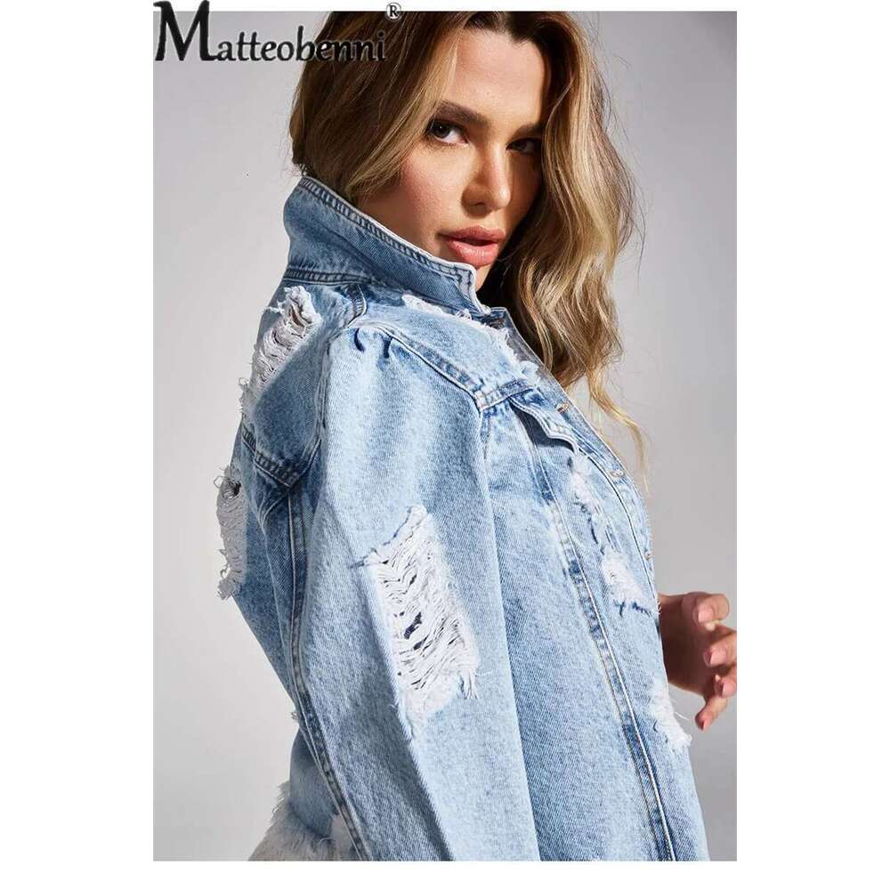 Fashion Broken Holes Long Sleeves Button Splicing Denim Jacket Women's Streetwear Daily Casual Female Lapel Blue Short Coat 2023