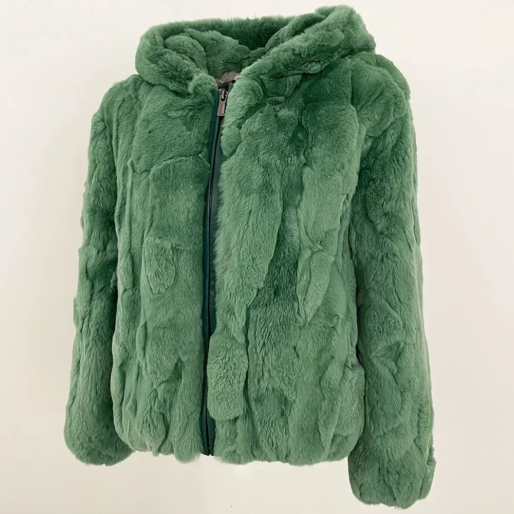 Hooded Real Rabbit Fur Jacket Warm Women European Fashion Female Winter Natural Coat Zipper Lady 251110