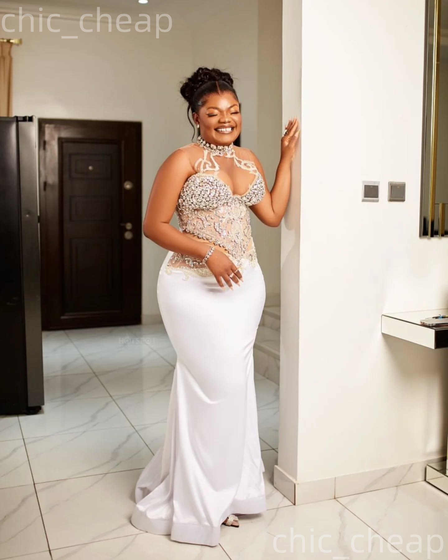 Aso Ebi Ivory Mermaid Prom Dresses 2026 Crystals Beaded Illusion Satin Evening Formal Party Second Birthday Engagement Gowns Plus Size Dress For Speci