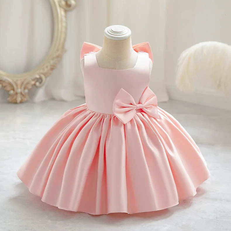 Girl Bow Princess Dress 0-5 Year Old Baby Fashion Satin Dress Carnival Birthday Party Host Performance Dress 250403